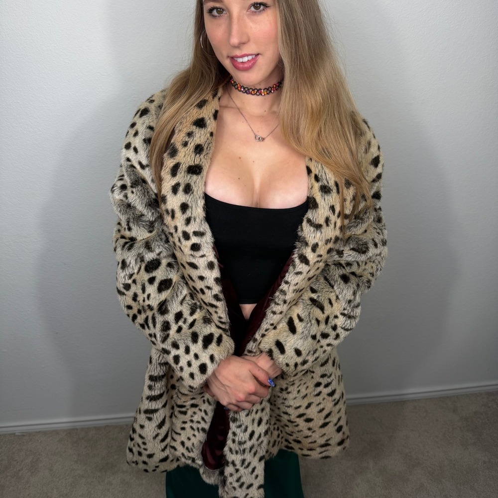 Vintage Faux Fur Leopard Print Coat Tan Black Statement USA‎ Made Size S Mobwife